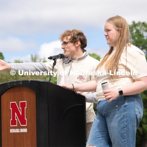 ASUN Student Government President and Student Regent Elizabeth Herbin, and Paul Pechous deliver the Big Event welcome speech and further instructions., May 4, 2024. Photo by Kirk Rangel for University Communication.